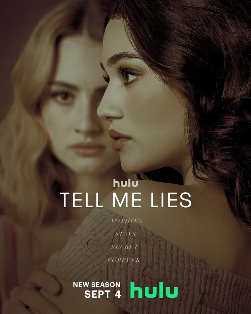 Promotional image for the Hulu TV show Tell Me Lies, showcasing two women in dramatic lighting, with text highlighting the new season's premiere on September 4.