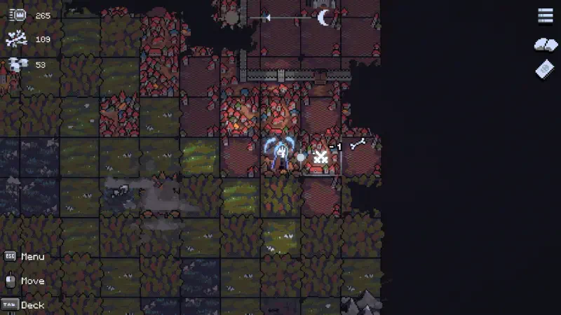 An overhead view of a video game scene from Necroking, showcasing a player character navigating a dark, textured environment filled with obstacles and mysterious elements.