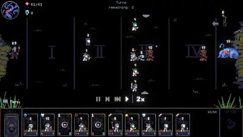 A tactical turn-based scene from the video game Necroking, featuring various characters on a dark battlefield, with cards displayed for strategic gameplay decisions.