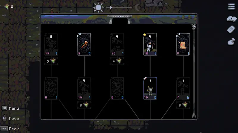 A screenshot from the video game Necroking, showing an upgrade tree with various items and paths for character development and abilities.