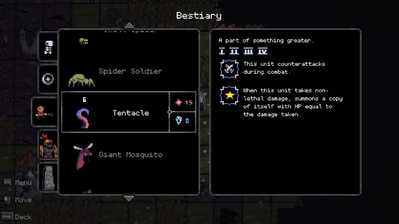 A screen from the video game Necroking showing the Bestiary with details on three creatures: Spider Soldier, Tentacle, and Giant Mosquito, including combat effects and abilities.