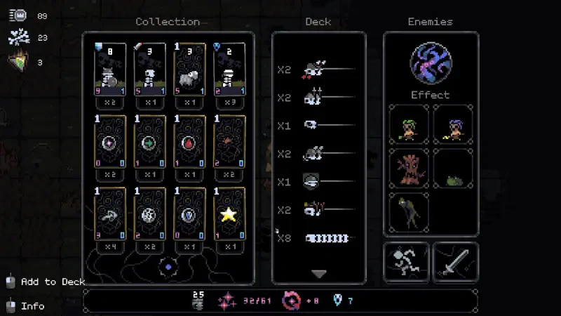A screenshot from the video game Necroking, displaying a collection and deck of items, along with a list of enemies and their effects in a dark, stylized interface.