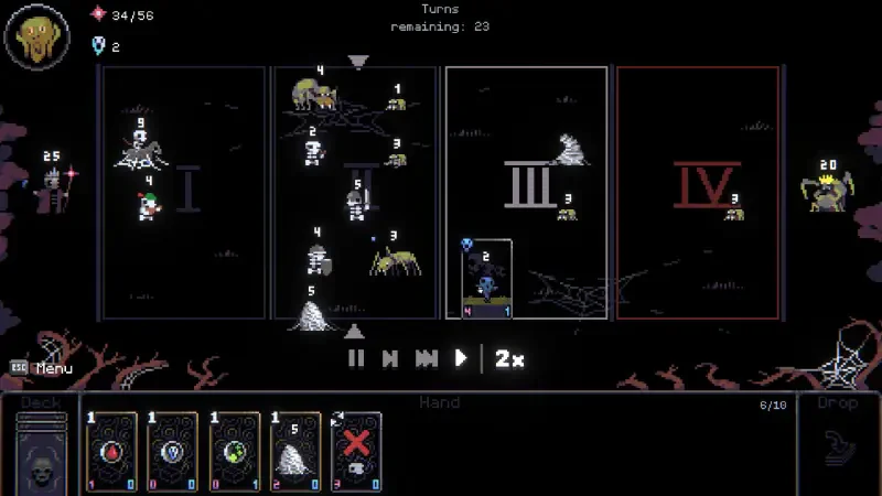 A gameplay screenshot from the video game Necroking, featuring various characters and a strategic layout with cards and turn indicators on a dark, thematic interface.