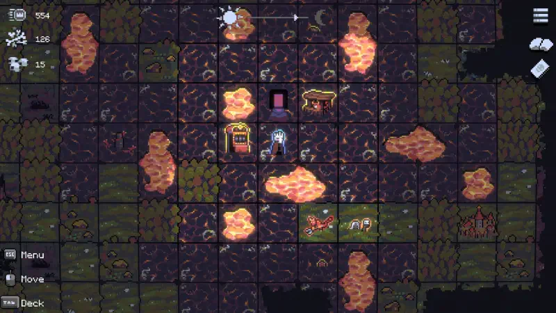 A character navigates a grid-like landscape in the video game Necroking, surrounded by obstacles and lava patches, highlighting the game's strategic environment.