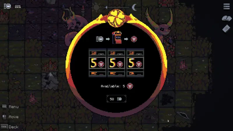 A game interface from the video game Necroking, featuring a circular menu displaying options and resources, set against a dark, stylized background with creatures.