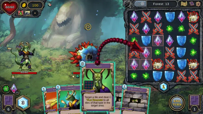 A gameplay scene from the video game Demon's Mirror, featuring cards and a vibrant board filled with gems and enemy characters in a forest setting.