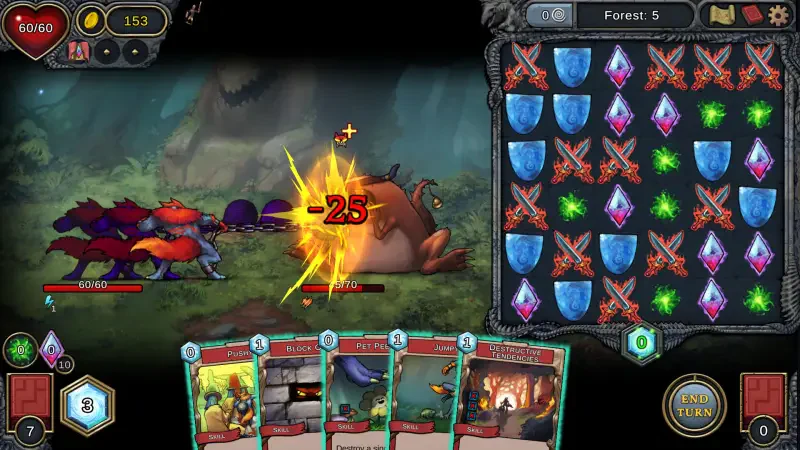 A gameplay screenshot from the video game Demon's Mirror, featuring attacking creatures, a damage display of -25, and a colorful grid of gems and shields for strategic moves.