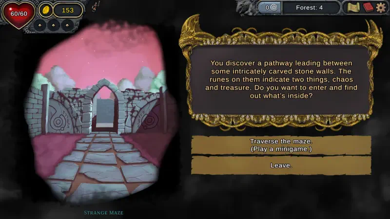 A scene from Demon's Mirror shows a pathway with intricately carved stone walls and glowing runes. Players must choose whether to traverse the maze or leave.