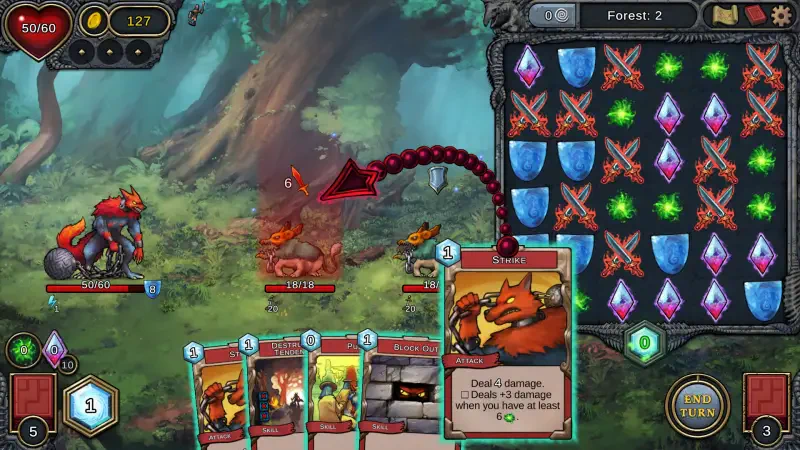 A scene from the video game Demon's Mirror, featuring a fantasy battle with colorful cards and mystical creatures in a lush forest setting.