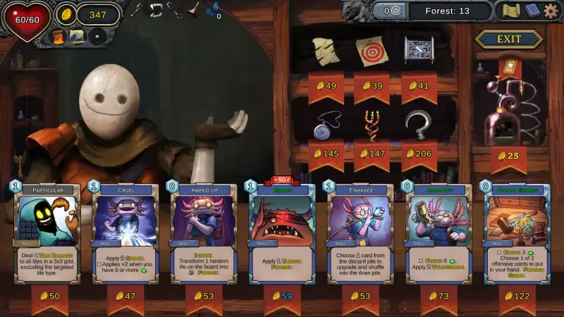 A character with a round head and blank face stands in front of a wooden display featuring various cards and items in the game Demon's Mirror. The setting indicates a fantasy adventure theme.