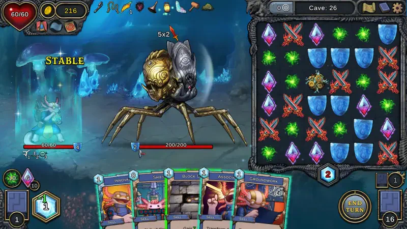 A scene from the video game Demon's Mirror, featuring a large, spider-like creature, a mystical board with colored gems, and various cards on display for strategic gameplay.