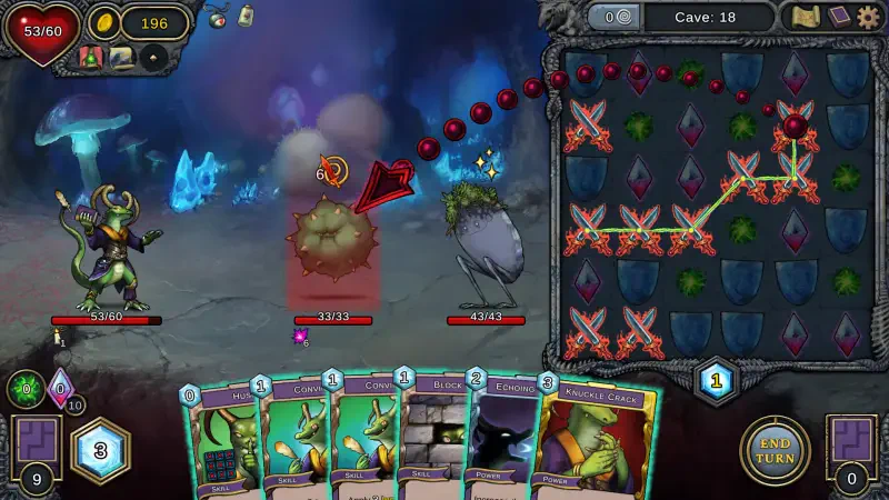A gameplay scene from the video game Demon's Mirror, showcasing strategic card play against various creatures in a mystical environment with vibrant colors.