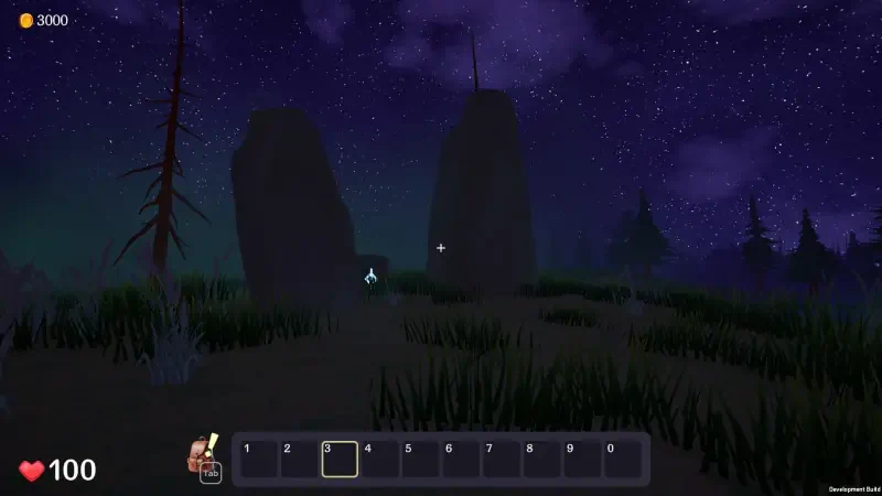 A scene from the video game Ale & Tale Tavern, featuring a night sky filled with stars, mysterious rocks, and tall grass in a tranquil landscape.