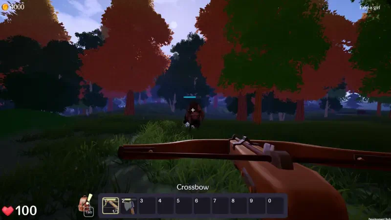 A scene from the video game Ale & Tale Tavern, featuring a character aiming a crossbow at a distant target in a vibrant forest setting.