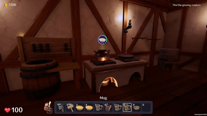 A cozy interior of the Ale & Tale Tavern from a video game, featuring a cooking station with a pot on the stove, wooden barrels, and shelves against rustic wooden walls.