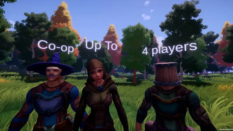 Three characters stand in a vibrant landscape, promoting co-op gameplay for up to four players in the video game Ale & Tale Tavern. Lush trees and hills create a colorful backdrop.