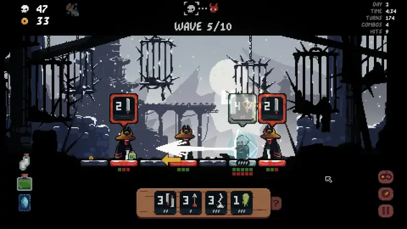 A scene from the video game Shogun Showdown, featuring characters preparing for battle in a dark, atmospheric setting while displaying stats and wave progress on the screen.