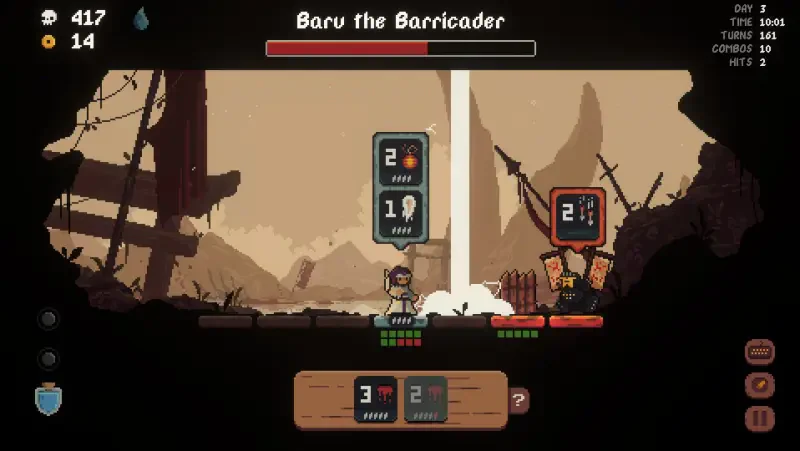 A gameplay scene from the video game Shogun Showdown, featuring the character Baru the Barricader engaged in battle, displaying health and attack stats on the screen.