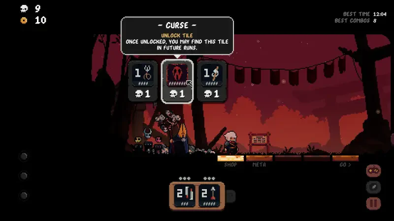 A gameplay screen from Shogun Showdown, showing a detailed tile labeled Curse with stats and options. The background features a vibrant sunset with decorative banners.