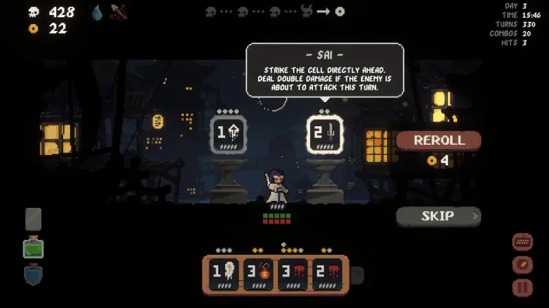 A scene from the video game Shogun Showdown, featuring a character strategizing their next move, with a focus on attack options and game mechanics displayed on screen.