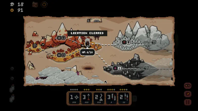 A gameplay screen from the video game Shogun Showdown, displaying a colorful map with cleared locations, enemy icons, and player stats at the bottom.