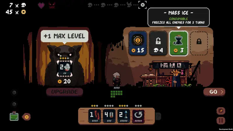 A gameplay screen from Shogun Showdown, featuring character leveling, enemy freeze options, and various gameplay stats displayed on an engaging interface.