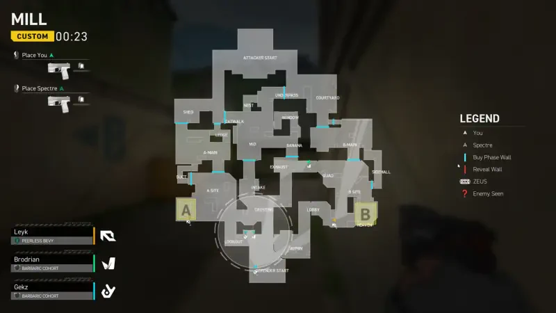 A strategic map layout for the video game Spectre Divide, showcasing various locations and objectives, with a timer and player details on the left.