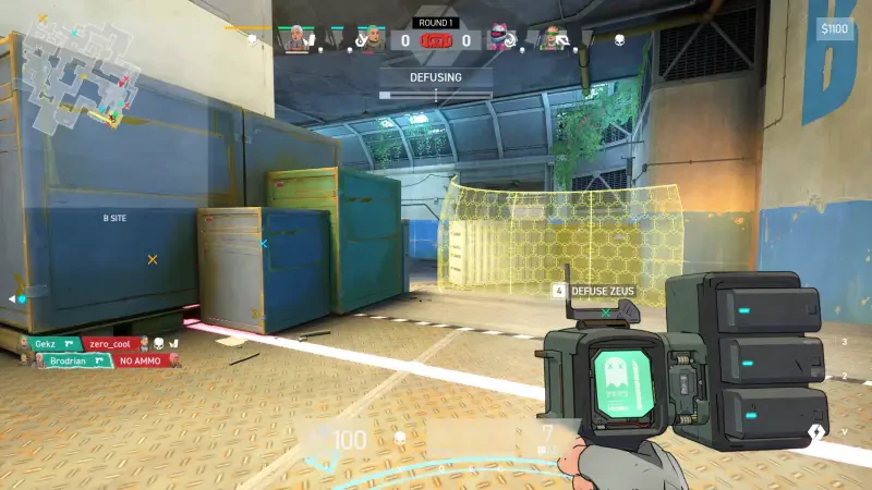 A player in the video game Spectre Divide prepares to engage enemies, aiming a futuristic weapon in a dynamic, colorful environment filled with strategic barriers.