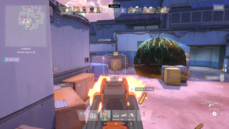 A player fires a weapon in the game Spectre Divide, showcasing vibrant graphics and a dynamic environment filled with boxes and a large, glowing orb.