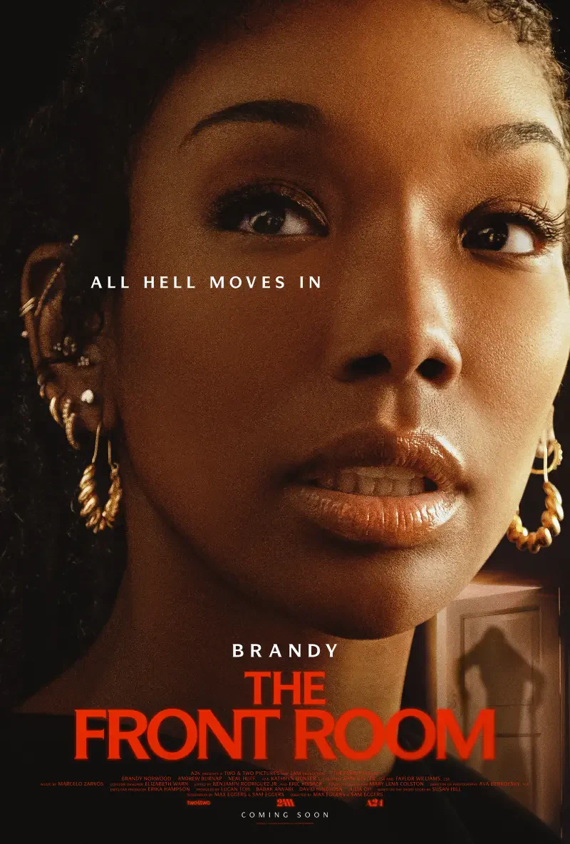 A close-up of Brandy Norwood in promotional artwork for the movie The Front Room, featuring the tagline All Hell Moves In.