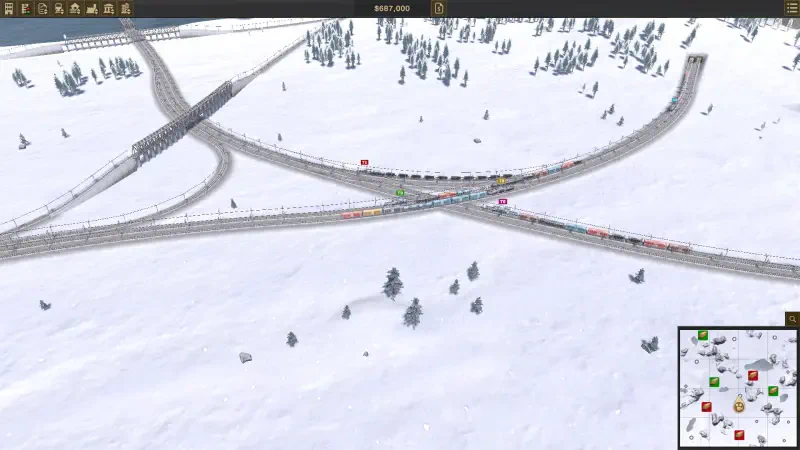 A snowy landscape featuring intricate railroads and vehicles crossing each other in Railroad Corporation 2, showcasing the game's detailed transportation management.