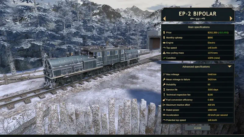 A detailed view of the EP-2 Bipolar locomotive in Railroad Corporation 2, set against a snowy landscape, showcasing its specifications and features.