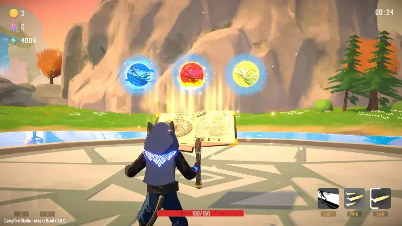 A character stands in front of a magical book, surrounded by elemental orbs in a vibrant landscape, showcasing gameplay from the video game Arcane Blast.