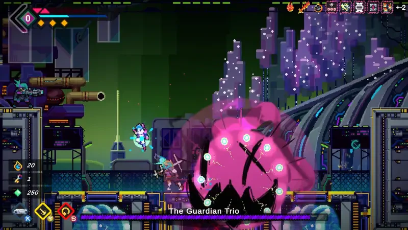 A dynamic scene from the video game featuring Elsie, showcasing intense action with the player character battling the Guardian Trio in a vibrant, colorful environment.