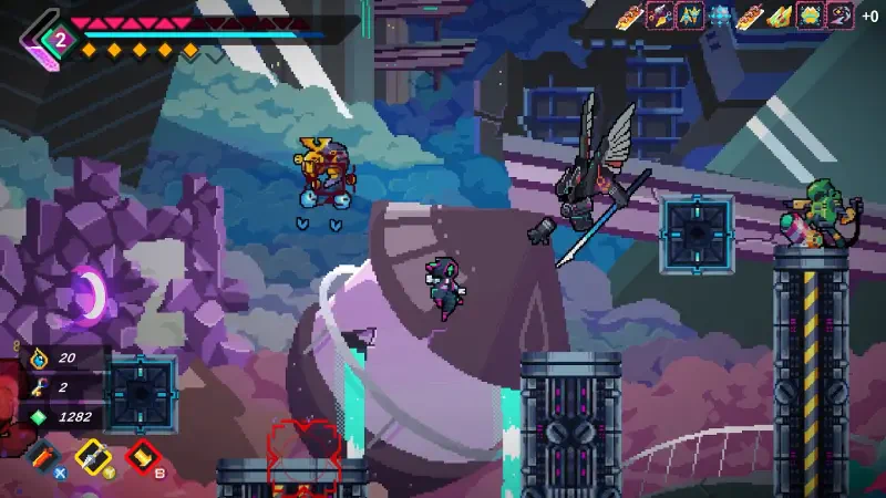 A vibrant scene from the video game Elsie, featuring a character navigating a colorful landscape while engaging with various enemies and obstacles.