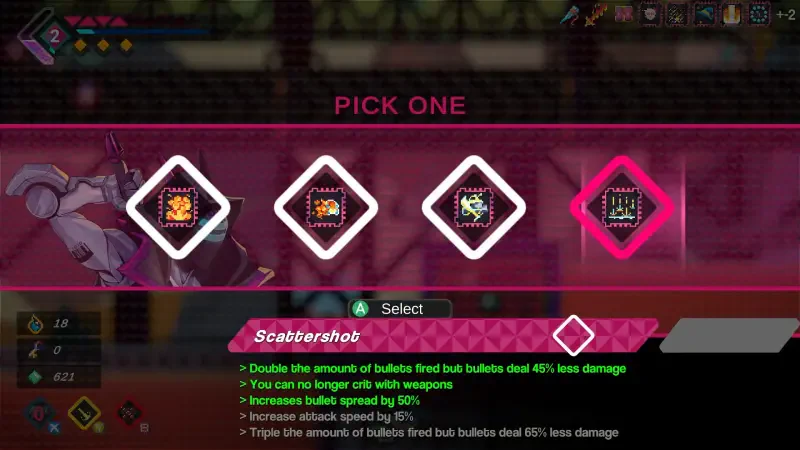 A selection screen from the video game Elsie, featuring options to enhance gameplay by choosing various abilities with detailed descriptions below.