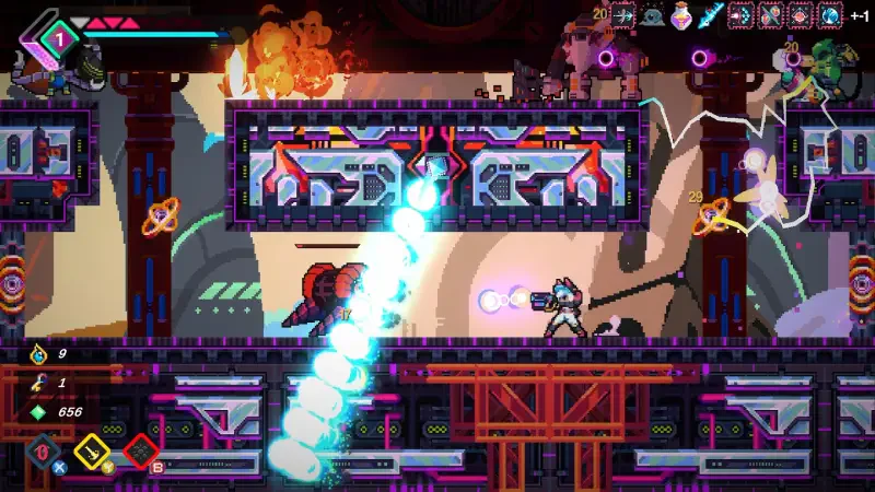 A vibrant video game scene featuring a character named Elsie, firing projectiles in a colorful, action-packed environment with futuristic elements and animated enemies.