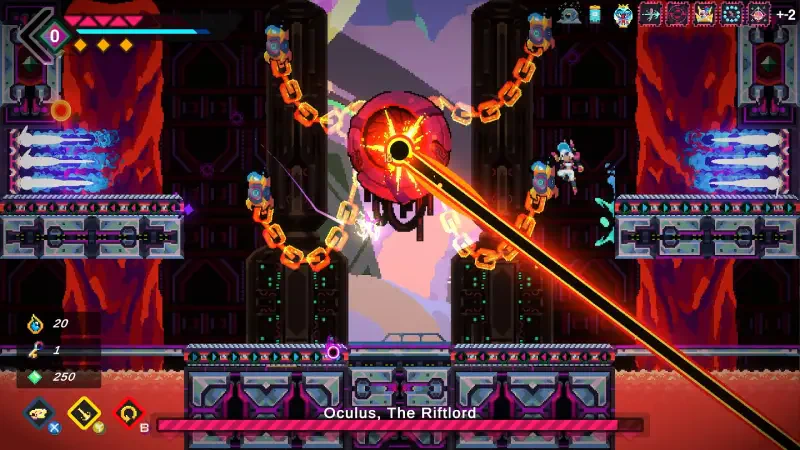 An action-packed scene from the video game featuring Elsie, where a character battles Oculus, the Riftlord, amidst vibrant colors and dynamic gameplay elements.