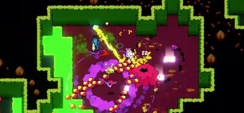 A vibrant scene from the video game Hive Jump 2: Survivors, showcasing intense action with colorful projectiles and enemies amidst a stylized, abstract environment.