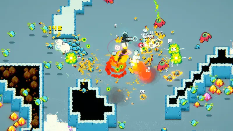 A vibrant scene from the video game Hive Jump 2: Survivors, showcasing intense action with colorful characters and explosive effects amidst a chaotic battlefield.
