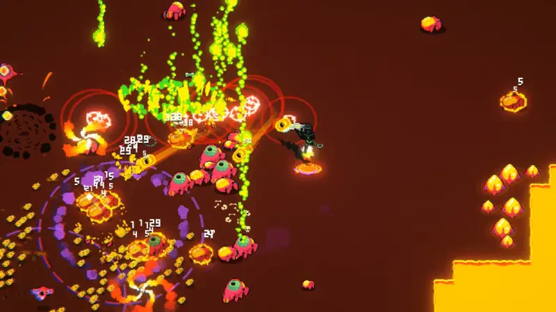 A dynamic scene from the video game Hive Jump 2: Survivors, featuring vibrant graphics and chaotic action as players battle against colorful enemies in an alien environment.