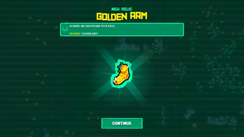 In the game Hive Jump 2: Survivors, a new item Golden Arm is displayed, highlighting its abilities and prompting the player to continue.