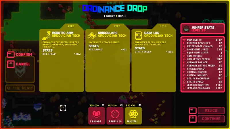 A game interface from Hive Jump 2: Survivors, featuring upgrade options like Robotic Arm and Binoculars, along with Jumper stats displayed on the side.