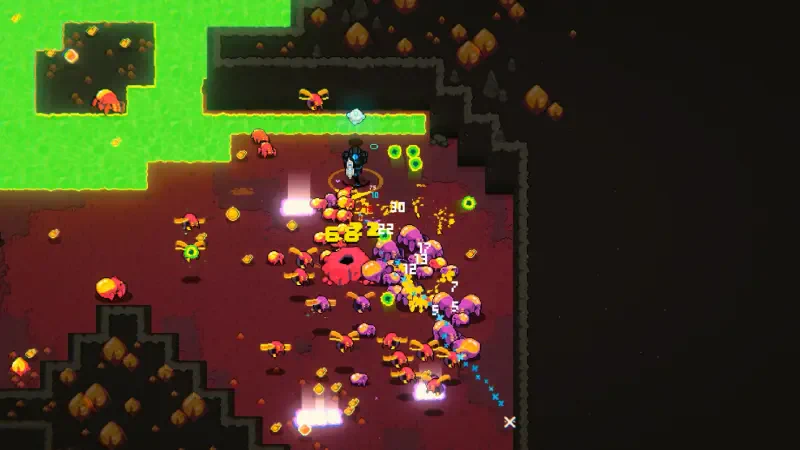 A vibrant scene from the video game Hive Jump 2: Survivors, showcasing intense action with colorful enemies and projectiles amidst a dynamic, pixelated environment.