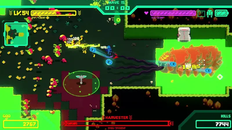 Gameplay from Hive Jump 2: Survivors shows intense action as players battle colorful enemies and navigate vibrant, pixelated environments while tracking kills and upgrades.
