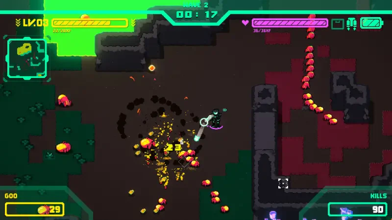 A vibrant scene from the video game Hive Jump 2: Survivors, showcasing intense gameplay with colorful explosions and character action in a dynamic environment.