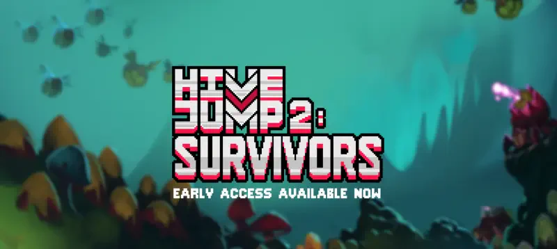 A scene from the video game Hive Jump 2: Survivors, featuring a fiery monster amidst intense action. The environment is dynamic and filled with engaging gameplay elements.