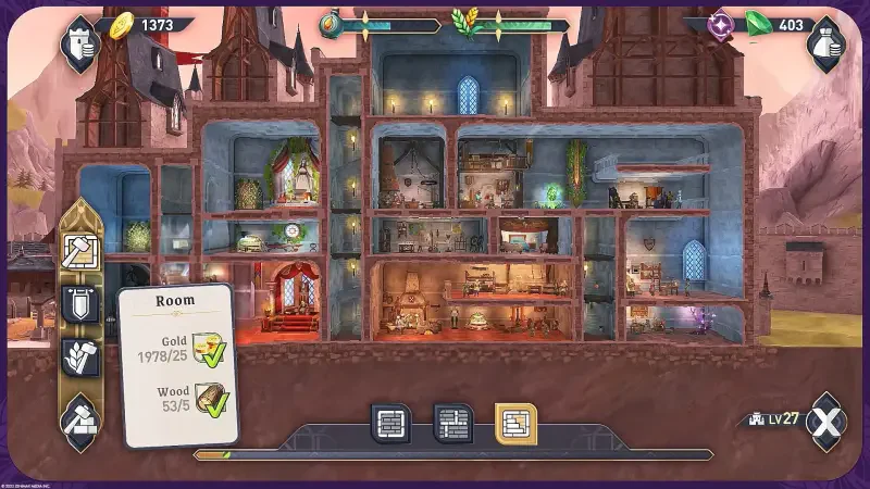 A gameplay screenshot from The Elder Scrolls: Castles, showcasing a detailed interior view of a castle structure, with resource stats and various rooms visible.