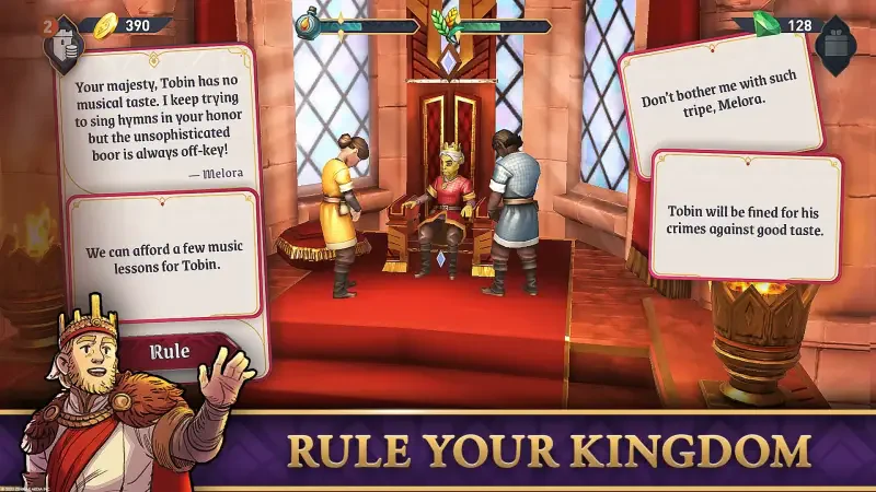 A scene from The Elder Scrolls: Castles shows a regal setting where characters interact, presenting options to the ruler regarding music taste and consequences for a character named Tobin.