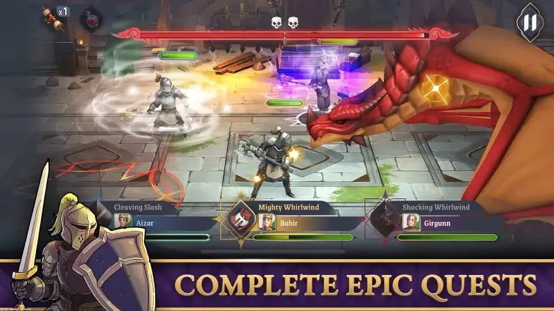 A dynamic scene from The Elder Scrolls: Castles, featuring heroes battling a dragon and completing epic quests in an immersive fantasy setting.